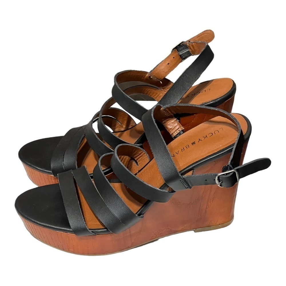Lucky Brand Larinaa Wedge Sandals 9M Black Leather Strappy Platform Heel